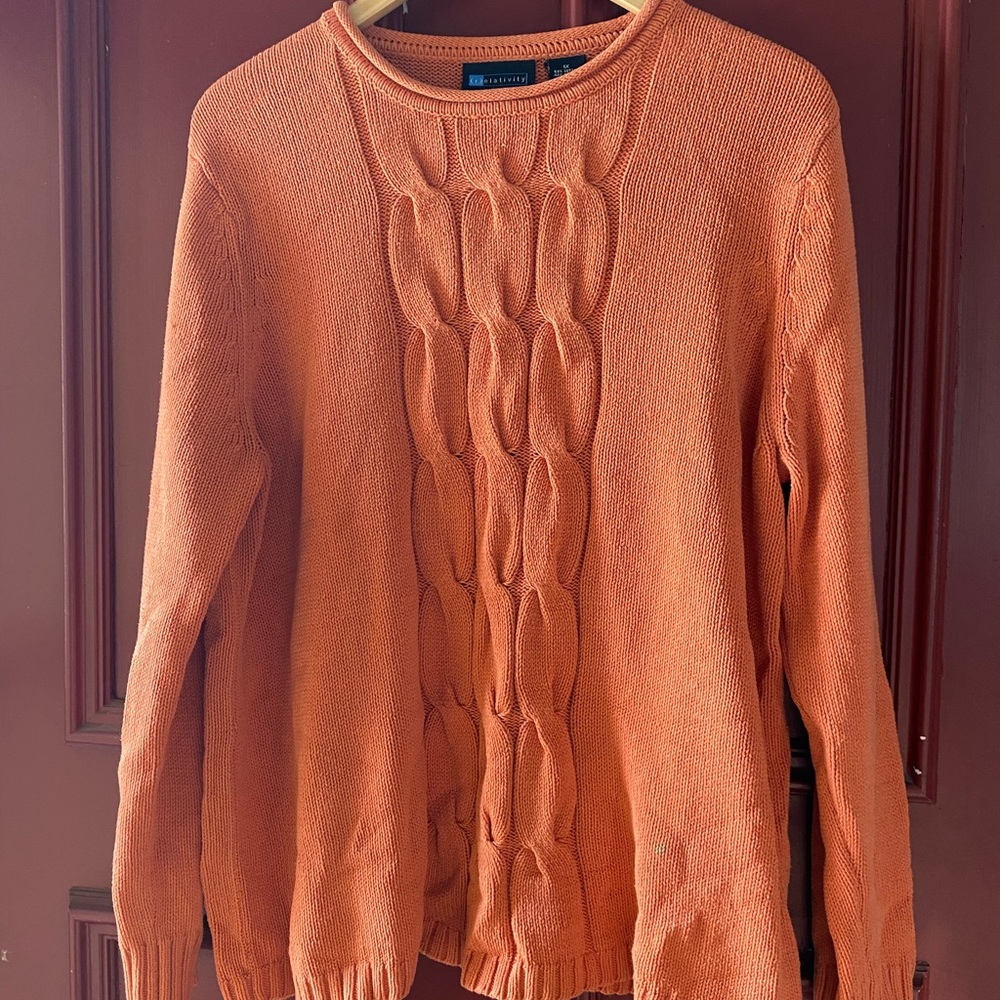 Cable Knit Chunky Crew Neck Orange Sweater 1X Preppy Fisherman Academia Heritage